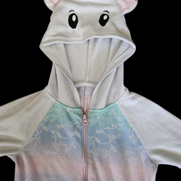 SO Blue Green Unicorn Print Hooded One Piece Fleece Pajamas Girls Size 4 - Picture 4 of 5